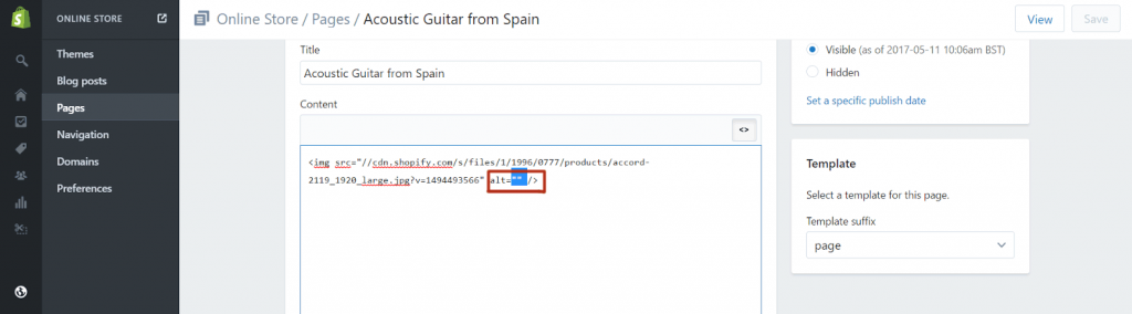 editing Shopify image alt text in HTML builder