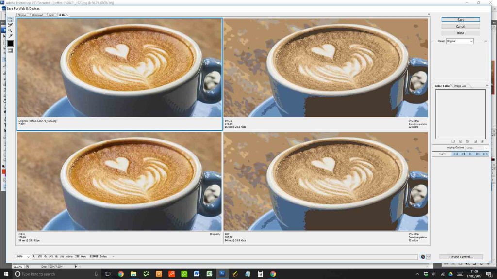 optimising coffee photo in photoshop with presets