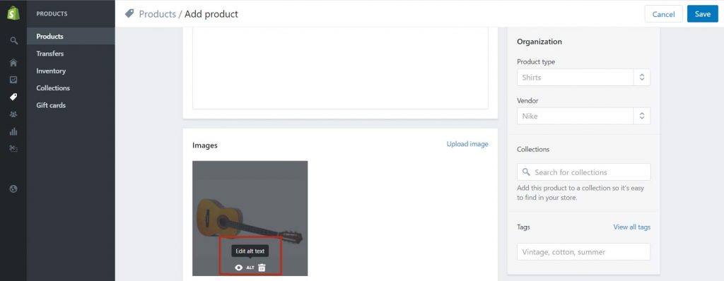 Optimise your shopify images: button to press for alt text