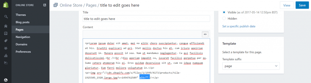 inside the HTML editor in Shopify to edit the alt text